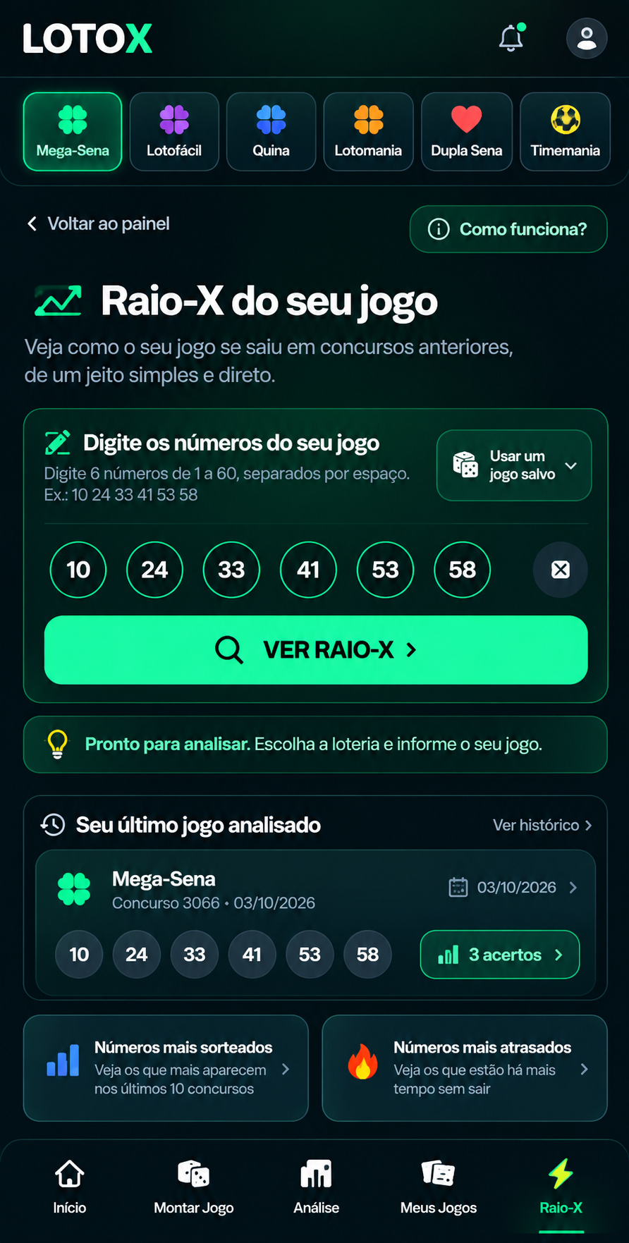 Tela mobile do Raio-X LOTOX